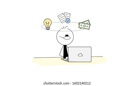 Doodle stick figure: Freelance work concept, brief job, project idea implementation, reward. Process steps revolve around the character's head. Hand drawn cartoon vector illustration.