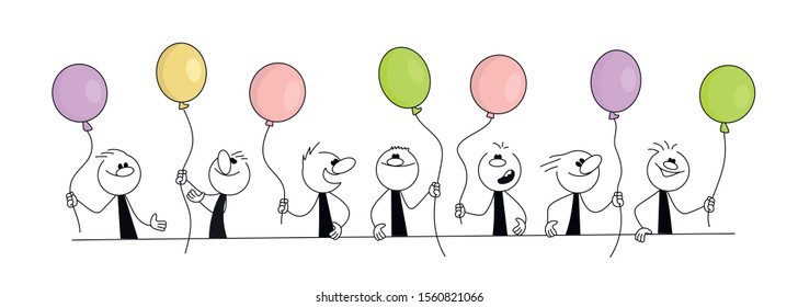 Doodle stick figure: Funny little men with balloons. Hand drawn cartoon vector illustration for business or school design.