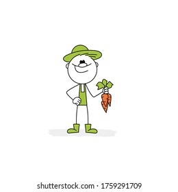 Doodle stick figure: Gardener shows carrots. Vector.