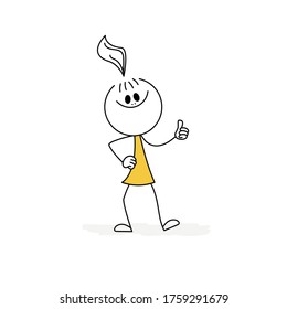 Doodle stick figure: girl making thumbs up. Vector.