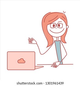 Doodle stick figure: Girl working with computer. Vector