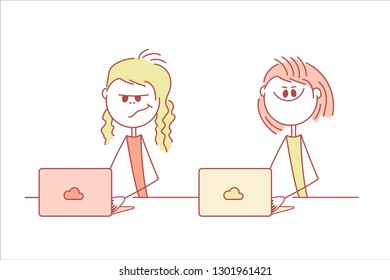 Doodle Stick Figure: Girls Working With Computer. Vector