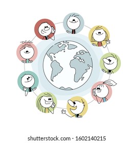 Doodle stick figure: Global communication. Hand drawn cartoon vector illustration for business or school design.