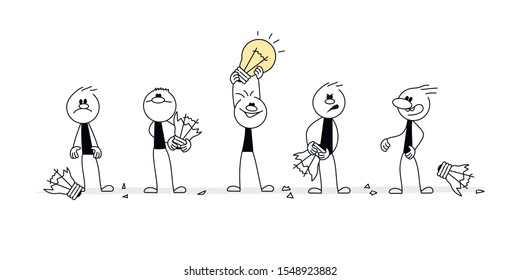 Doodle stick figure: Group of men. Searching ideas. Hand drawn cartoon vector illustration for business.