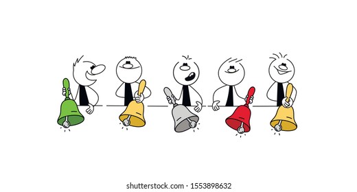 Doodle stick figure: Group of men holding bells. Hand drawn vector illustration for business and school design.