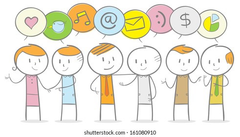 Doodle Stick Figure: Group Of People Talking In Speech Bubbles