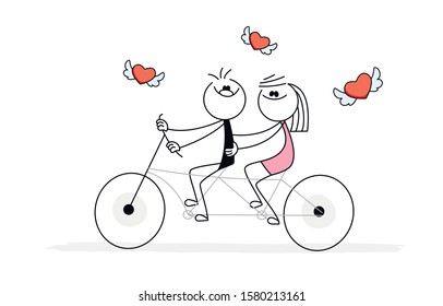 Doodle stick figure: happy couple on a bike. Hand drawn cartoon vector illustration for business or school design.