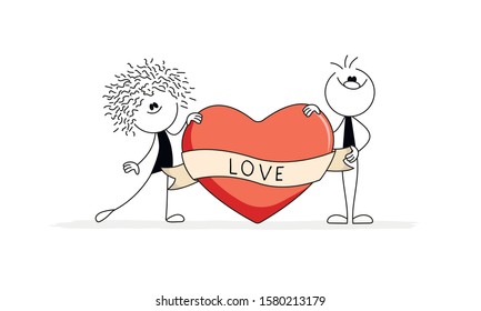 Doodle stick figure: Happy couple with heart. Hand drawn vector illustration for business and romantic design.