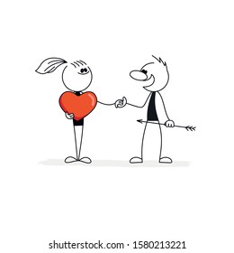 Doodle stick figure: Happy couple. Girl with heart. Man with arrow. Hand drawn vector illustration for business and romantic design