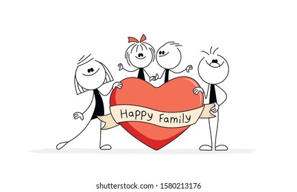 Doodle stick figure: Happy family with heart. Mother, father, son, daughter. Hand drawn vector illustration for business and romantic design.