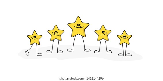 Doodle stick figure: Happy five golden stars. Cute illustration about the product quality. Vector.