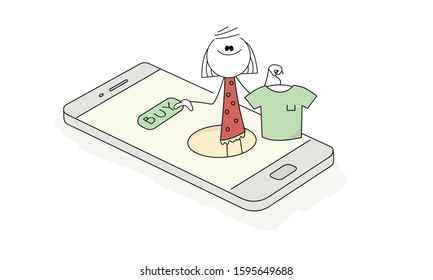 Doodle stick figure: Happy girl in a round hole on the phone. Business woman with T-shirt presses a button BUY. Hand drawn cartoon vector illustration.