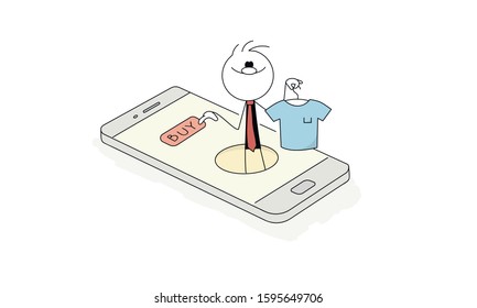Doodle stick figure: Happy man in a round hole on the phone. Businessman with T-shirt presses a button BUY. Hand drawn cartoon vector illustration for business design.