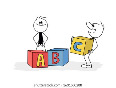 Doodle stick figure: Happy men with alphabet blocks. Hand drawn cartoon vector illustration for business and school design.