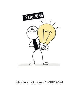 Doodle stick figure: Idea concept. Man selling idea. Discount. Hand drawn cartoon vector illustration for business and school design.