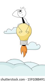 Doodle stick figure: Idea concept. Man sitting on a bulb, looking into the distance. Hand drawn cartoon vector illustration for business.
