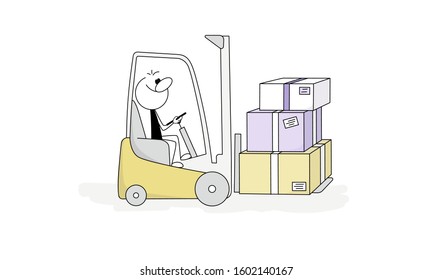 Doodle stick figure: Lift-truck, mover, postman. Pile cardboard boxes. Hand drawn cartoon vector illustration.