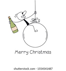 Doodle stick figure: Little man sits on a Christmas Ball with champagne bottle. Hand drawn vector illustration.