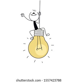 Doodle stick figure: Doodle stick figure: Little man sits on Bulb and 
waving hand. Hand drawn vector illustration.