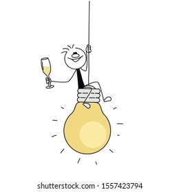 Doodle stick figure: Little man sits on Bulb with Wineglass. Hand drawn vector illustration.
