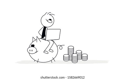 Doodle stick figure: little man sitting on a piggy bank with laptop, banker are engaged in work. Hand drawn vector for business design.