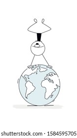 Doodle stick figure: Little man upside down  tourist the globe  Hand drawn cartoon vector illustration for business design 