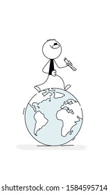 Doodle stick figure: Little man with a map walking around the globe. Hand drawn cartoon vector illustration for business design.