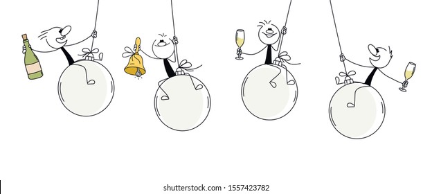 Doodle stick figure: Little men sit on a Christmas Ball with Champagne Bottle, Bell, Wineglass. Hand drawn vector illustration.