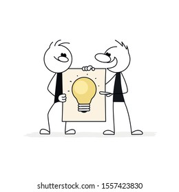 Doodle stick figure: little men holding poster with bulb idea. Business metaphor. Hand drawn vector illustration.
