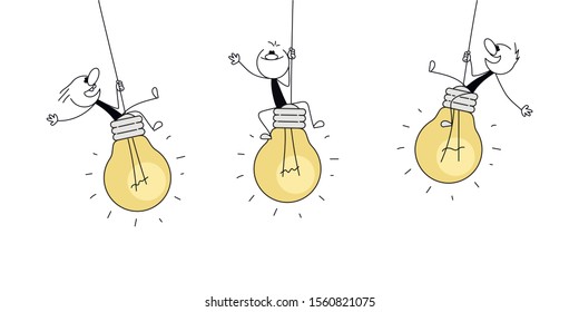 Doodle stick figure: Little men siting on Bulb. Hand drawn cartoon vector illustration for business design.