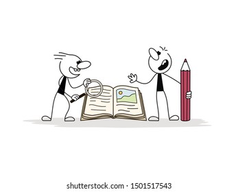 Doodle stick figure: Little people with loupe and pencil next to a book. Hand drawn cartoon vector illustration for business and school design.