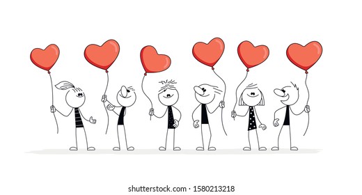 Doodle stick figure: Little people with with heart shaped balls. Hand drawn cartoon vector illustration for business or school design.