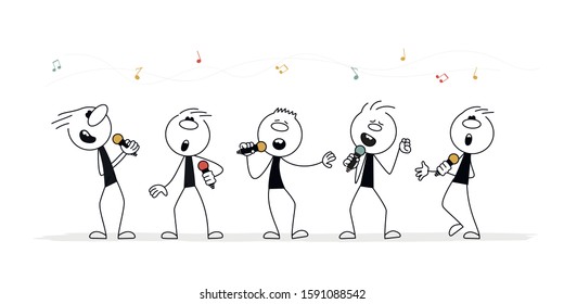 Doodle stick figure: Little people with microphones. Men man singing. Hand drawn cartoon vector illustration for holiday and school design.