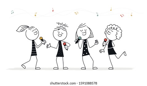 Doodle stick figure: Little people with microphones. Girls singing. Hand drawn cartoon vector illustration for holiday and school design.