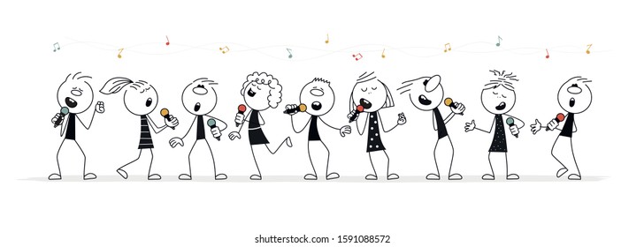 Doodle stick figure: Little singing  people with microphones. Hand drawn cartoon vector illustration for holiday and school design.