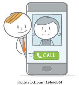Doodle stick figure: Make a call with mobile phone