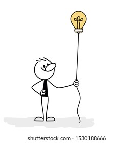 Doodle stick figure: Man with bulb. Idea concept. Hand drawn cartoon vector illustration for business design.