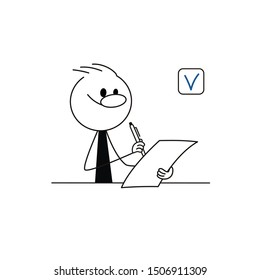 Doodle stick figure: Man or businessman  hold a sheet of paper, fills a test. Hand drawn cartoon vector illustration for business design and infographic.