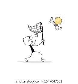 Doodle stick figure: man catches idea or light bulb. Business metaphor. Hand drawn cartoon vector illustration for business.