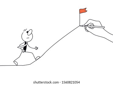 Doodle stick figure: Man climbing on corporate career ladder. Hand drawn cartoon vector illustration for business design.