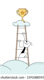 Doodle stick figure: man climbs the ladder of success. Golden Cup. graph. Hand drawn cartoon vector illustration for business and school design.