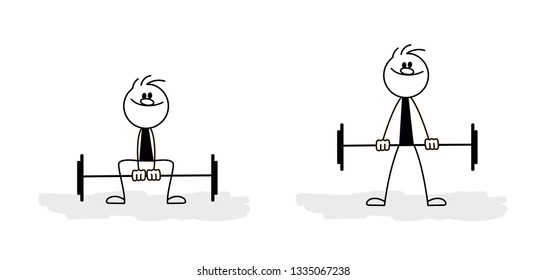 Doodle stick figure: Man doing exercises in the gym. Fitness and healthy lifestyle. Total body workout with barbell. Vector.