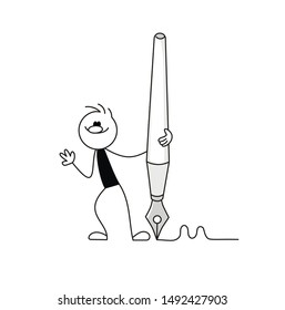 Doodle stick figure of man with fountain pen. Hand drawn cartoon vector illustration for business and school design.