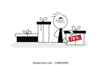 Doodle stick figure: Man with gift boxes. Hand drawn cartoon vector illustration for business and school design.