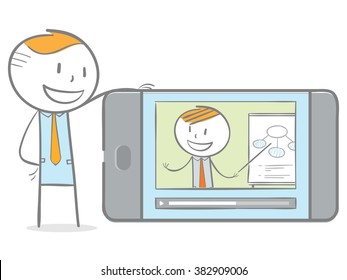 Doodle stick figure: A man having video chat with teacher on his phone in home