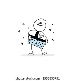 Doodle stick figure: Man holding gift box. Hand drawn cartoon vector illustration for business and school design.