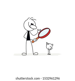 Doodle stick figure: man with a magnifier looking at a bird. Vector