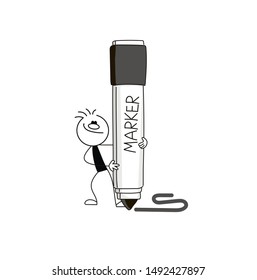 Doodle stick figure of man with marker. Hand drawn cartoon vector illustration for business and school design.