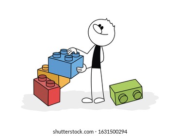 Doodle stick figure: man playing blocks. Hand drawn cartoon vector illustration for business and school design.
