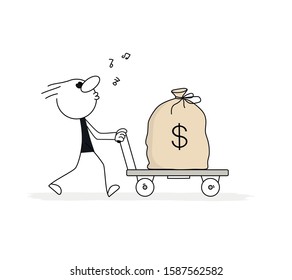 Doodle stick figure: Doodle stick figure: Man is pushing a cart with a big bag of dolar. Hand drawn vector illustration for business design.